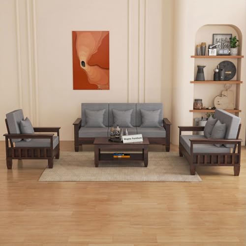 Image of Sheesham Wooden 6 Seater Sofa Set for Living Room | Rosewood Cushion Sofa with Side Newspaper Holder for Home & Office | Solid Wood Sofa Set for Lounge (Walnut, 3+2+1 Seater)