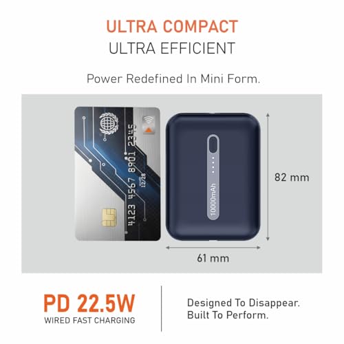 Image of Muvtech Zip 10 Pocket Size 10000mAh Mini Power Bank, 22.5W Fast Charging, Dual Output USB-A & Type-C Ports, Compact Pocket Size, LED Indicators, Travel Friendly, Portable (Blue)