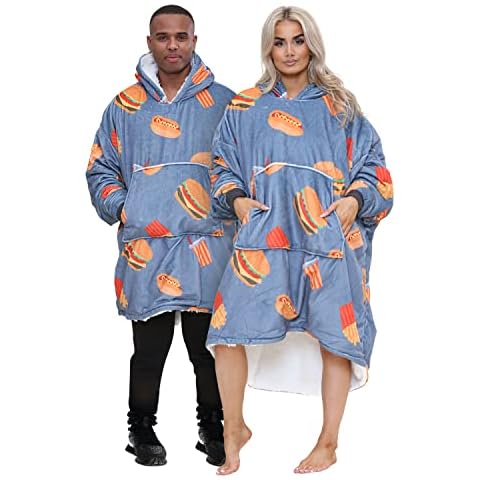 GC GAVENO CAVAILIA Hug Snug Übergroße Hoodie Decke Frauen UK, Flauschige Decke Hoodie Sherpa Hoodies für Frauen, Fleecedecke tragbare Decke Sweatshirt Hoodie Herren, Burger & Pommes grau, One size Cover
