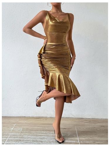 SOLY HUX Women's Metallic Bodycon Dresses Sexy Ruffle Asymmetrical Club Party Prom Midi Dress4