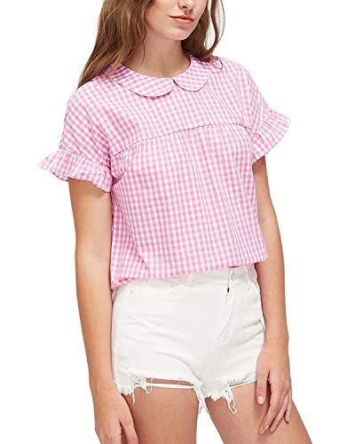 SheIn Women's Peter Pan Collar Blouse Short Ruffle Sleeve Babydoll Shirt Top Small Pink