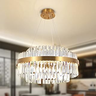 AOOCHOK Modern Crystal Chandelier Gold Pendant Lights, LED Ceiling Light Round, Dimmable Crystal Hanging Lamp for Living Room, Dining Room, Bedroom, Restaurant, 60 cm
