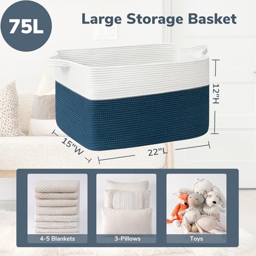 Goodpick Large Storage Baskets for Organizing, Woven Baskets for Storage, Blanket Basket Living Room, Rectangle Dirty Clothes Basket for Laundry, 21.6" x 14.9" x 11.8", Blue