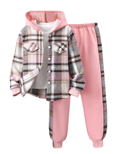 Image of SweatyRocks Girl's 2 Piece Outfits Plaid Button Down Hooded Jacket and Elastic Waist Sweatpants Workout Set