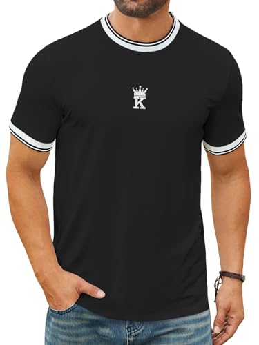 Hardaddy Men's Casual Letter Graphic Print Striped Trim Tee Tops Summer Short Sleeve Round Neck T-Shirt