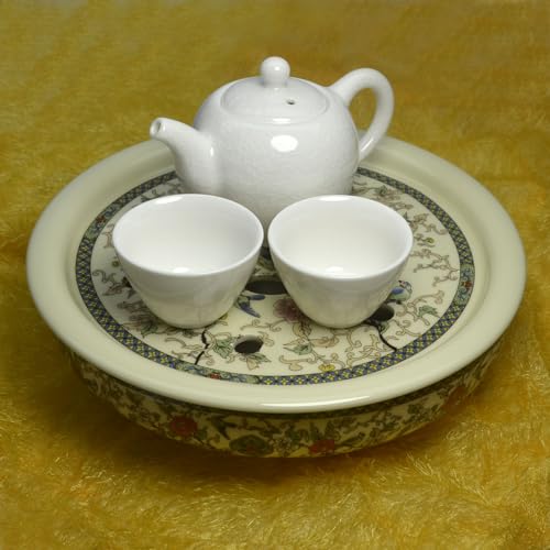 Image of Porcelain Tea Tray, Double-Layer Ceramic Tray Round for Tea Coffee Serving Table (Colorful Flowers and Birds)