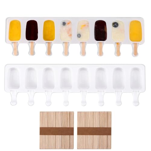 Moldes Helado Silicona, Grande Moldes Helados Magnum, Moldes Paletas, sin BPA, 100 palitos madera natural (A)