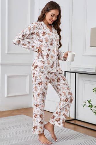 Image of LUBOT Christmas Pajamas for Women 100% Cotton Pajama 2 Piece PJ Set Soft Long Sleeve Button Xmas Print Loungewear XS-XXL