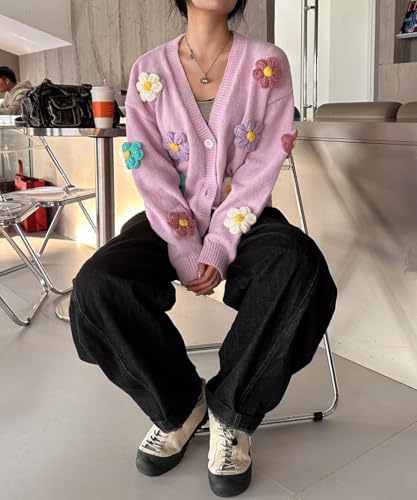 Image of Plus Size Sweaters for Wommen Cardigan Long Sleeve Sweatershirt Button up Colorful Flowers Cute White Tops Coat Fall Winter Oversize XL