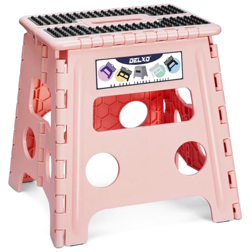 Image of Delxo Folding Step Stool, 13 inch Non-Slip Foldable Stools Up to 300 LBS, Step Stool with Handle, Lightweight for Kitchen, Bathroom, Bedroom, Garden Stepping Stool with Dotted, Pink,1 PC