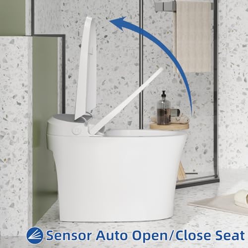 Inodoro inteligente blanco, cerámica y plástico, tapa automática con sensor, descarga sin tocar con sensor de pie y al levantarse, asiento calefactado, luz nocturna, lavado femenino, control remoto, inodoro monobloque alargado miniatura 4