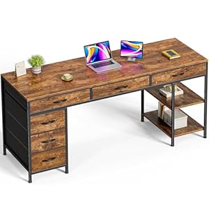 Huuger Computer Desk with 6 Drawers, 63 Inch Office Desk with Shelves, Reversible Gaming Desk, Corner Desk with Storage, for Home Office, Study, Living Room, Rustic Brown