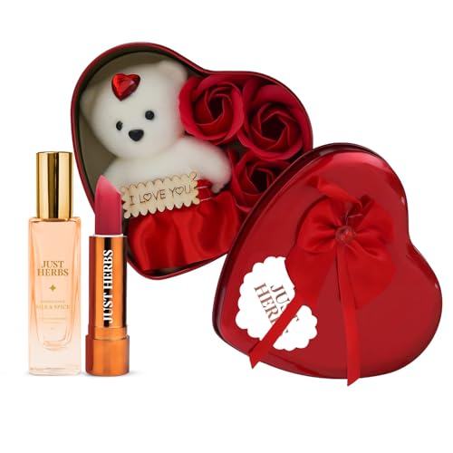Just Herbs Heart Shaped Gift Box Set with White Teddy | Matte Finish Lipstick | Refreshing EDP Combo Gift Kit for Girlfriend, Wife