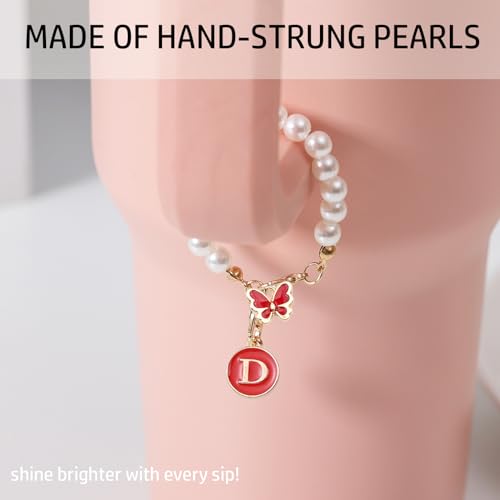Image of Accessories for Stanley Cup Pearl Chain Initial Accessoriess for Handle Stuff Decor Water Bottle Jewelry Tumbler Cute Simple Modern Personalized Name ID Decorations Letter Red Tag D