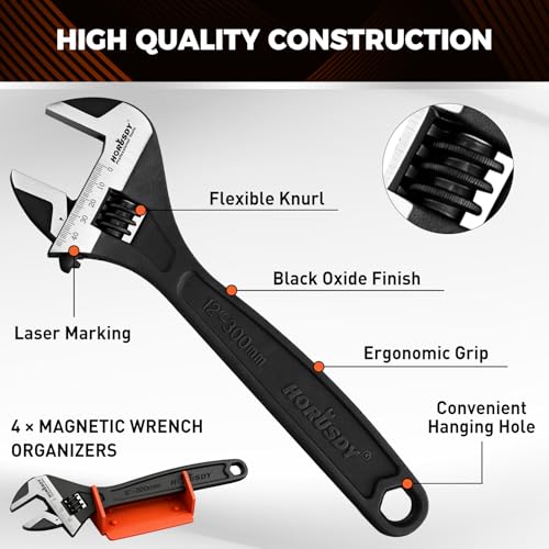 Image of HORUSDY 4-Piece Adjustable Wrench Set With 4-Piece Magnetic Wrench Organizer Racks, 6 inch 8 inch 10 inch Wide Jaw Black Oxide Wrenches with Tool Roll Pouch, Metric&SAE Scales, CR-V Steel for Home Garage Workshop
