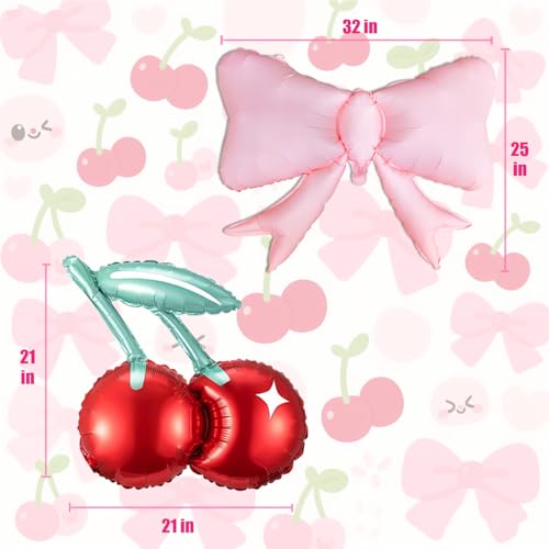 Image of Cherry and Pink Bow Balloons She is the Cherry On Top Party Decorations Cute Cherry Foil Balloons Red Fruit Mylar Balloons for Cherry Summer Themed Birthday Party Decoration Baby Shower