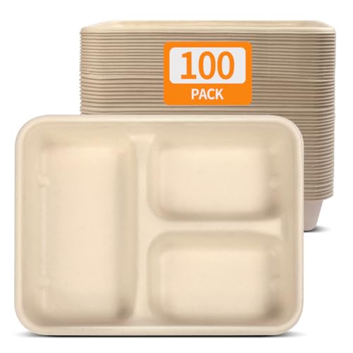 Celel 100 Pack 3 Compartment Paper Bowls for Dinner Dish with Sides and Chip Dips, Microwavable Compartment Paper Food Trays for Carnival Party Restaurant Catering