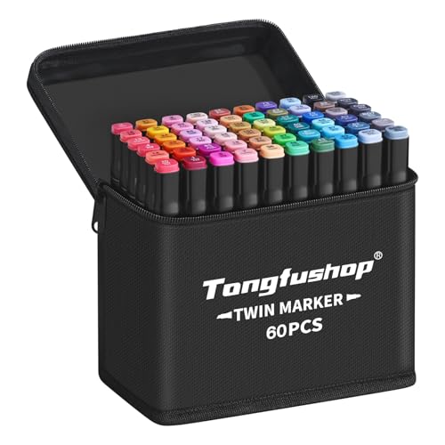 Tongfushop 60+2 Couleurs Feutre a Alcool, Feutres Coloriage Adulte, Marqueurs à Croquis Double Pointe avec Pochette de Transport et Espaceur, Marqueur Permanent pour Animation Art Esquisse