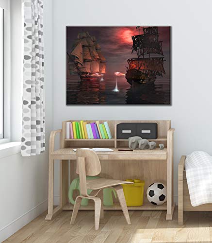 Pirate Ship Decor Wall Art Viking Sailboat In The Sea Canvas Prints Caribbean Ghost Ferry Huge Canvas Art Home Bedroom Bathroom Seascape Pictures Large Pirate Wall Decor 30"X40" Framed Ready To Hang #TOP2