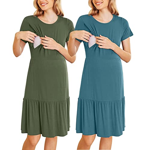 The Bump - Vestido de maternidad para mujer, manga corta, dobladillo con volantes, vestido de embarazo, paquete de 2 vestidos de maternidad para eventos, azul, L
