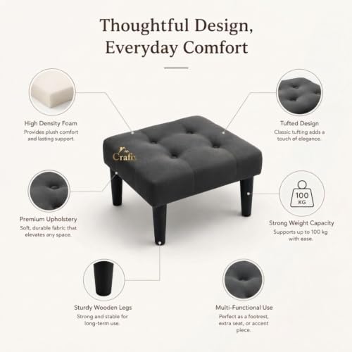 Image of Upholstered Foot Rest Ottoman Stool with Wooden Legs, Tufted Footstool for Living Room, Bedroom, Makeup Vanity, Entryway, Comfortable Footrest Bench, Modern Accent Ottoman (Grey)