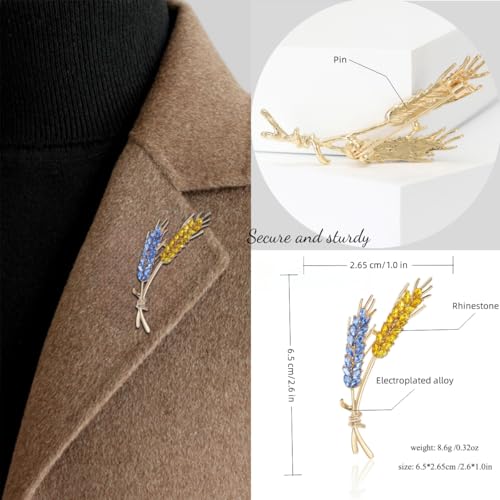 Image of Wheat Brooch Pin Blue Yellow Rhinestones Plant and Flower Suit Lapel Pins for Women Men Jewelry Gift (1pc 1+1pc 2), 2.6*0.43*1.0in
