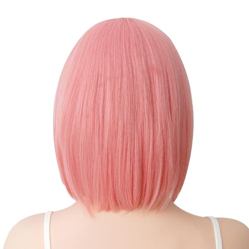 Image of Rose bud Pink Wig Bob Straight 12 Inch Short Hair Cosplay Wigs for Women Costume Party Halloween