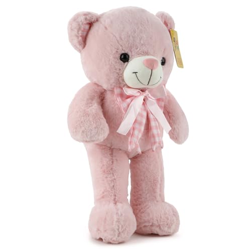 Image of Pink Teddy Bear Soft Toy for Kids, Girls & Boys | Cute Plush Stuffed Teddy with Ribbon Bow | Huggable Cuddly Toy for Birthday, Valentine's Day, Baby Shower & Gift