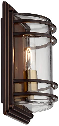 Image of John Timberland Habitat Industrial Rustic Wall Light Sconce Bronze Warm Brass Hardwired 7 1 /2 inch Fixture Clear Glass Shade for Bedroom Bathroom Vanity Reading Living Room Hallway House Home Decor