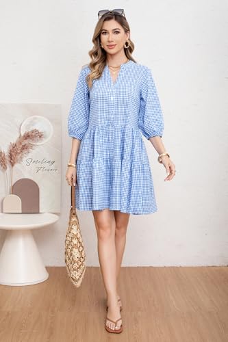 Image of utcoco Women's 2026 Spring Summer Plaid Shirt Dress 3 /4 Puff Sleeve Button Down Loose Casual Midi Dress with Pockets