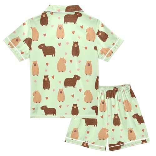 Cute Capybara Drawing Green Summer Satin Pajama Set, Cute Button-Down Sleepwear Pj Set for Sleep Wears2