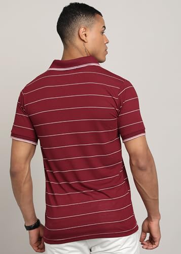 Image of INKKR Men Striped Polo Neck Cotton Blend T-Shirt