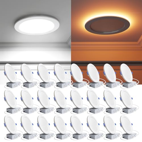 Ensenior 24 Pack 6 Inch LED Recessed Ceiling Light with Night Light Dimmable 2700K-5000K 5CCT 1050LM 12W 120V High Brightness Canless Wafer Downlight - ETL&FCC&IC
