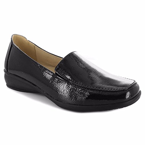 Dr Keller Womens Wide Fitting Shoes Ladies Lightweight Moccasin Flat Low Wedge Comfort Fit Casual Formal Office Work Leather Lined Loafer Wider Fit Slip On Shoe(Black Patent, UK 3)