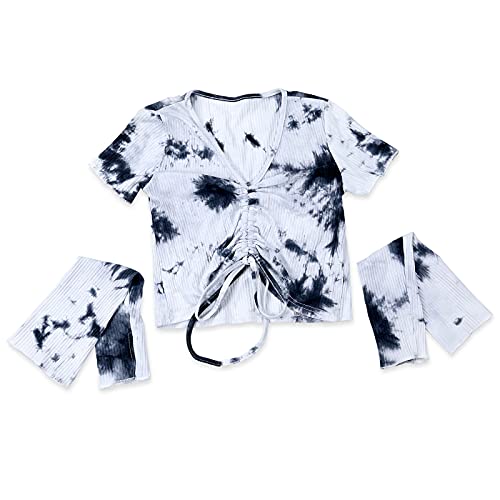 Mtalii Women's V Neck Ruched Drawstring Front Crop Tops Cut Hollow Out Long Sleeve T-Shirts Tie-dye Streetwear Tee (S, Tie-dye Black&Cutting Long Sleeve)