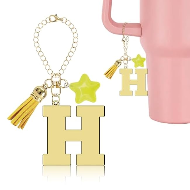 Gold Letter Charm for Stanley Cup Accessories, Cute Star Tassel Keychain Handle Charm, Monogram Water Bottle Chain