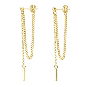 SLUYNZ Solid 925 Sterling Silver Bar Dangle Earrings for Women Minimalist Dangle Earrings Threader Chain