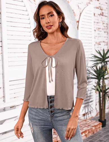Image of Aiboria Women's Tie Front Shrug 3 /4 Sleeve Ribbed Bolero Lightweight Cropped Cardigan S-XXL