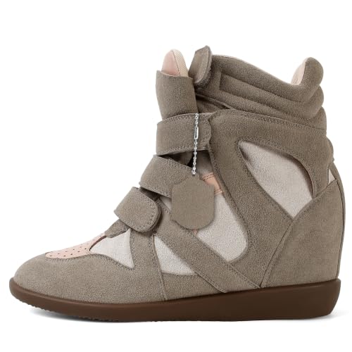 Image of Wedge Sneakers for Women Heels Suede Hook and Loop High Heel Tennis Round Toe Triple Strappy Band Casual Vintage Fashion Dressy Comfy Campus Trendy Retro Sneaker