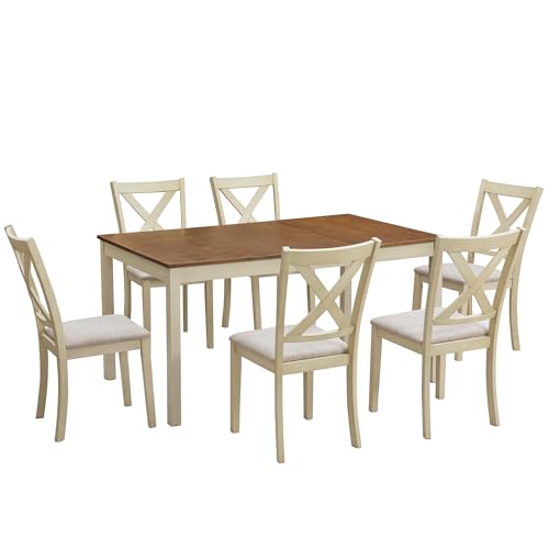 AMERLIFE 7-Piece Farmhouse Solid Wood Dining Table Set with 6 Upholstered Chairs, 60" Space Saving Dinner Table & Chairs Set, for Dining Room, Kitchen, Restaurant, Rustic Cream - Image 9