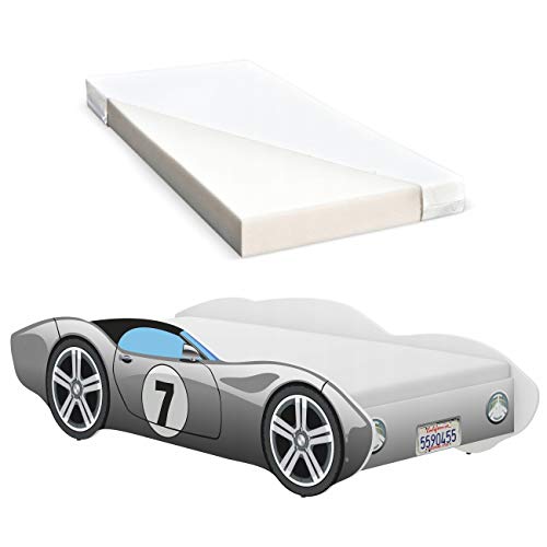 iGLOBAL Lit pour enfant en forme de voiture - Avec sommier à lattes - Matelas en mousse - 140 x 70 cm - Gris sans flammes