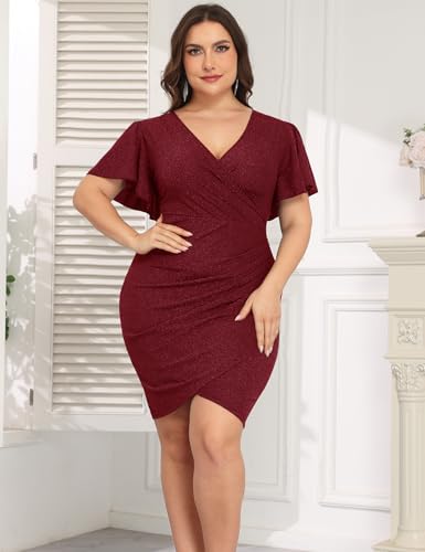 Image of CYCLAMEN 1X-4X Plus Size Sparkle Glitter Ruched Bodycon Mini Wrap Dress Sparkly Sequin Dresses Ruffle Sleeve Party Cocktail