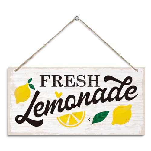 Farmhouse Summer Lemonade Wooden Sign Wall Decor, Fresh Lemonade Sign Gift, Rustic Fresh Lemons Wood Plaque Hanging Signs Decoration for Home Kitchen Door