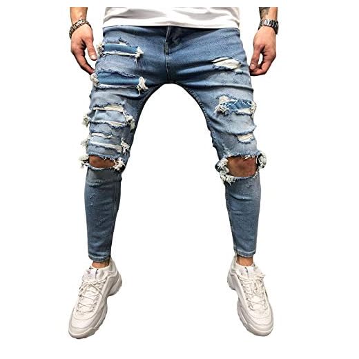 BMEIG herr skinny jeans män Destroyed Ripped Slim Fit förslitna Distressed Stretch denim klassisk designer vintage stylisk jeans Hose M-3XL blå