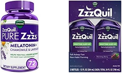 ZzzQuil Pure Zzzs Melatonin Sleep Aid Gummies, 1mg per Gummy, 72 Count &, Nighttime Sleep Aid Liquid, 12 FL OZ x 2