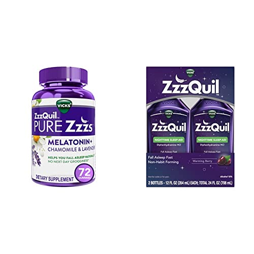 Zzzquil Pure Zzzs Melatonin Sleep Aid Gummies, 1Mg Per Gummy, 72 Count &, Nighttime Sleep Aid Liquid, 12 Fl Oz X 2 #TOP15