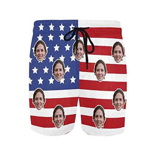 Custom Funny Swim Shorts with Faces American Flag Customized Gifts Mens Swim Trunks for Men