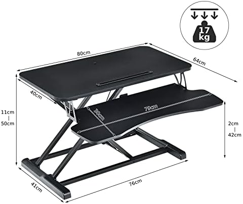 CASART Standing Desk Converter, Height Adjustable Ergonomic Stand-Up Desk Riser with Gas Spring, Lifting Table Desk Laptop Workstation for Home Office & Study (Black, 80 x 64 x 11-50cm)