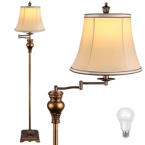 PARTPHONER Vintage Floor Lamps for Living Room Traditional 350 Adjustable Swing Arm Farmhouse Floor Lamp for Bedroom Rustic Standing Lamp Pole Lamps for Reading Home Dcor and Office Bronze Gold