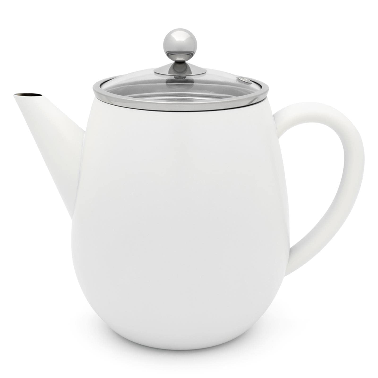 Bredemeijer doppelwandige Teekanne 1.1 Liter - weiße Edelstahl Kanne mit Glasdeckel - Tee-Filter Sieb-Einsatz & schwarzen Holzuntersetzer - ideal für losen Tee